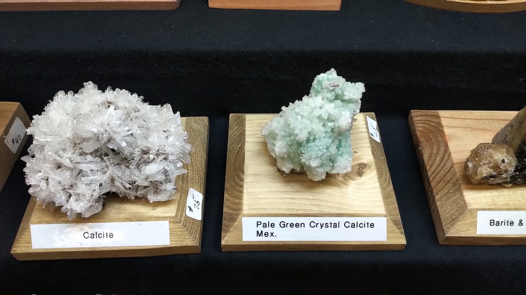 Calcite and Pale Green Calcite Specimens at Springfield Rock Show 2019